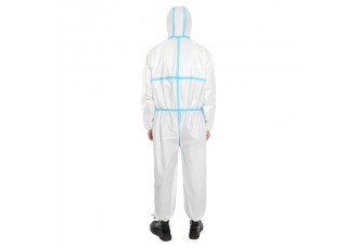 [US-W]One-piece Disposable Elastic Wrist and Hood Coverall Protective Garment White&Blue L