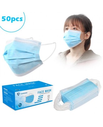 [US-W]50pcs 3-Ply Disposable Face Mask with Elastic Earloop Blue
