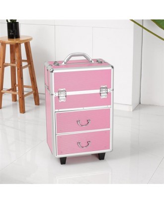 4 Tier Lockable Cosmetic Makeup Train Case with Extendable Trays Pink