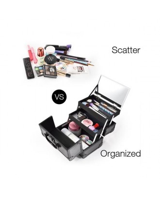 [US-W]9" Makeup Case Portable Cosmetic Storage Box with Mirror & Trays for Home Bathroom and Travel Black